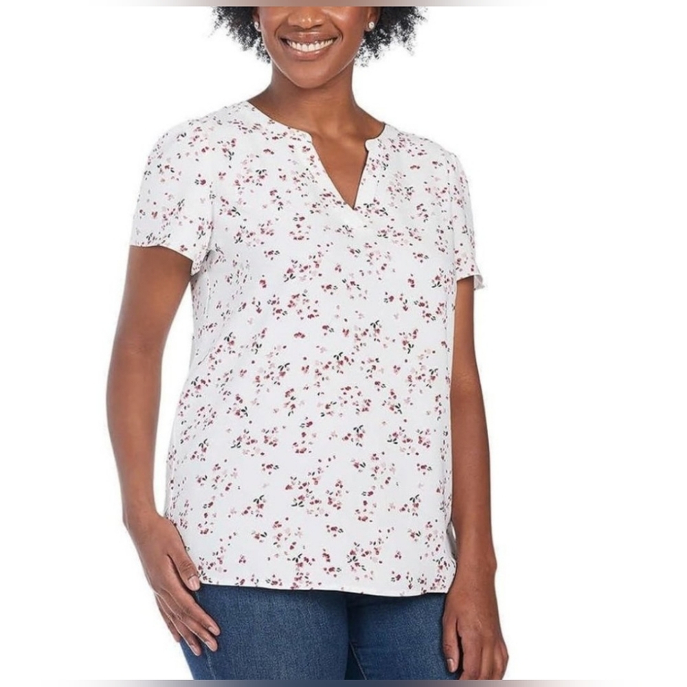Hilary Radley White and Pink Floral Short Flutter Sleeve Top